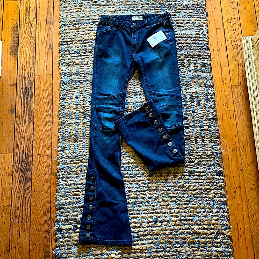 Free People Dark Blue Button-Flare Jeans